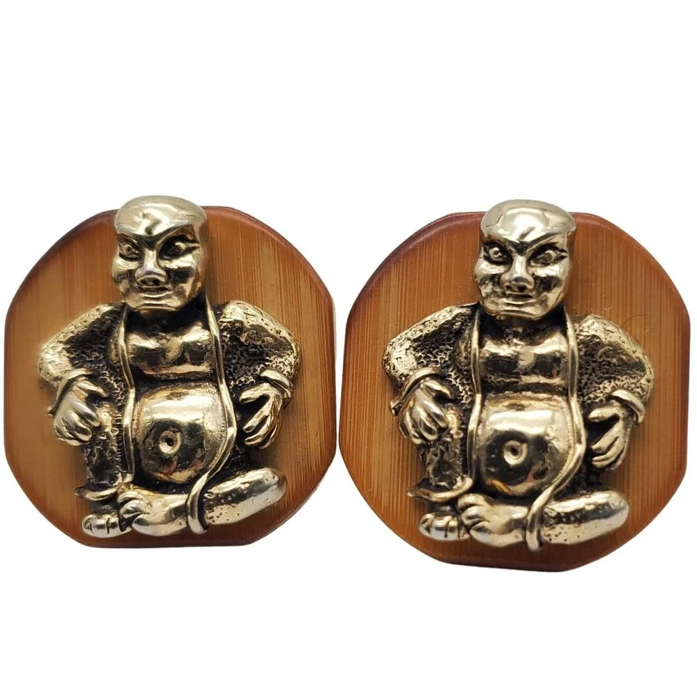 Laughing Buddha Bamboo Cufflinks Swank MCM Figural‎ Cuff Links Vintage Buddhist
